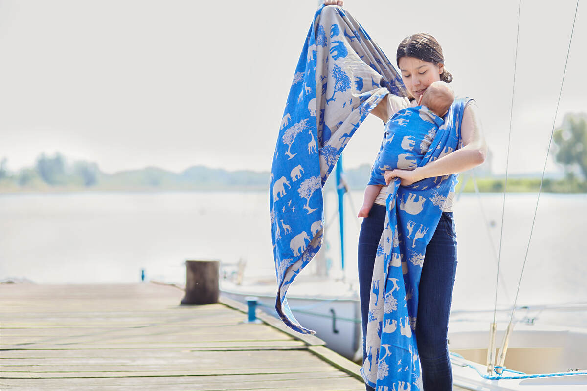 Żakardowa chusta do noszenia dzieci, bawełna - Safari Niebiesko-Beżowe - rozmiar L #babywearing