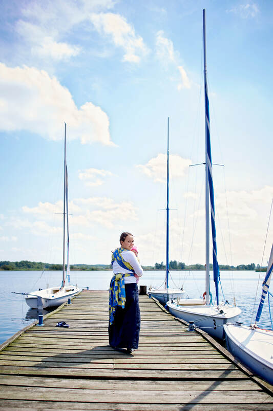 Żakardowa chusta do noszenia dzieci, bawełna - Safari Niebiesko-Żółte - rozmiar L #babywearing