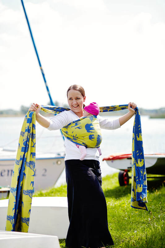 Żakardowa chusta do noszenia dzieci, bawełna - Safari Niebiesko-Żółte - rozmiar L #babywearing
