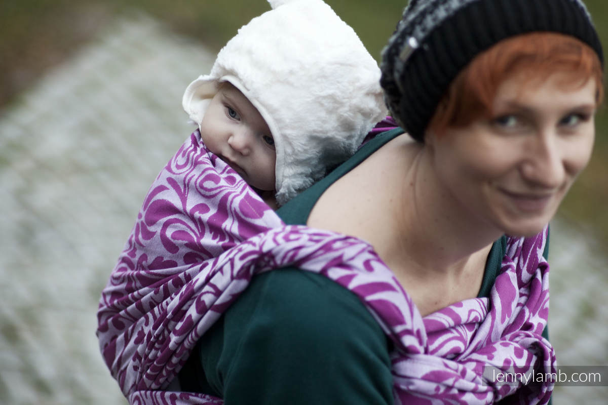 Baby Wrap, Jacquard Weave (100% cotton) - Twisted Leaves Purple & White - size L #babywearing