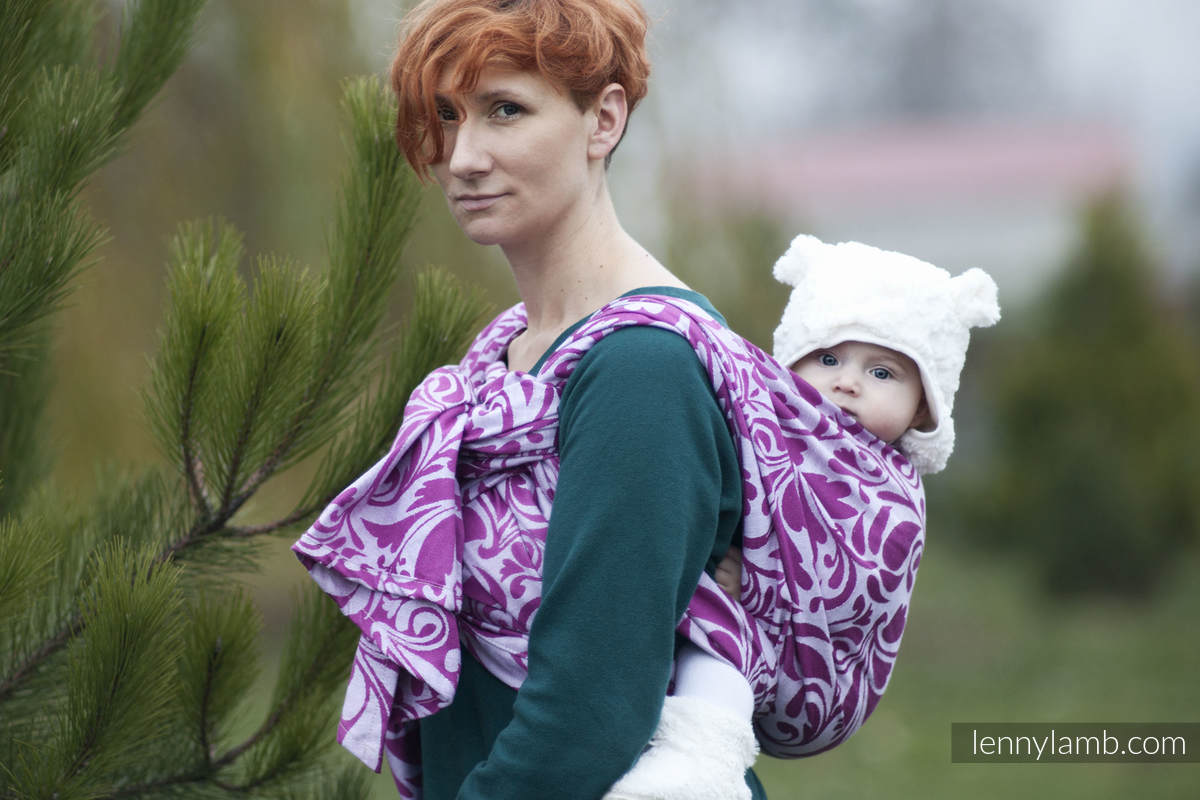 Baby Wrap, Jacquard Weave (100% cotton) - Twisted Leaves Purple & White - size L #babywearing