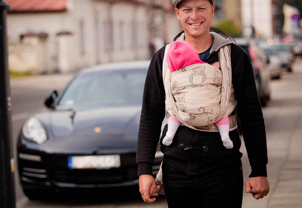 Baby Wrap, Jacquard Weave (100% cotton) - Bubo Owls Brown & Beige - size M #babywearing