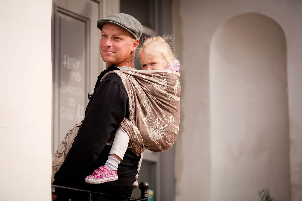 Baby Wrap, Jacquard Weave (100% cotton) - Bubo Owls Brown & Beige - size M #babywearing