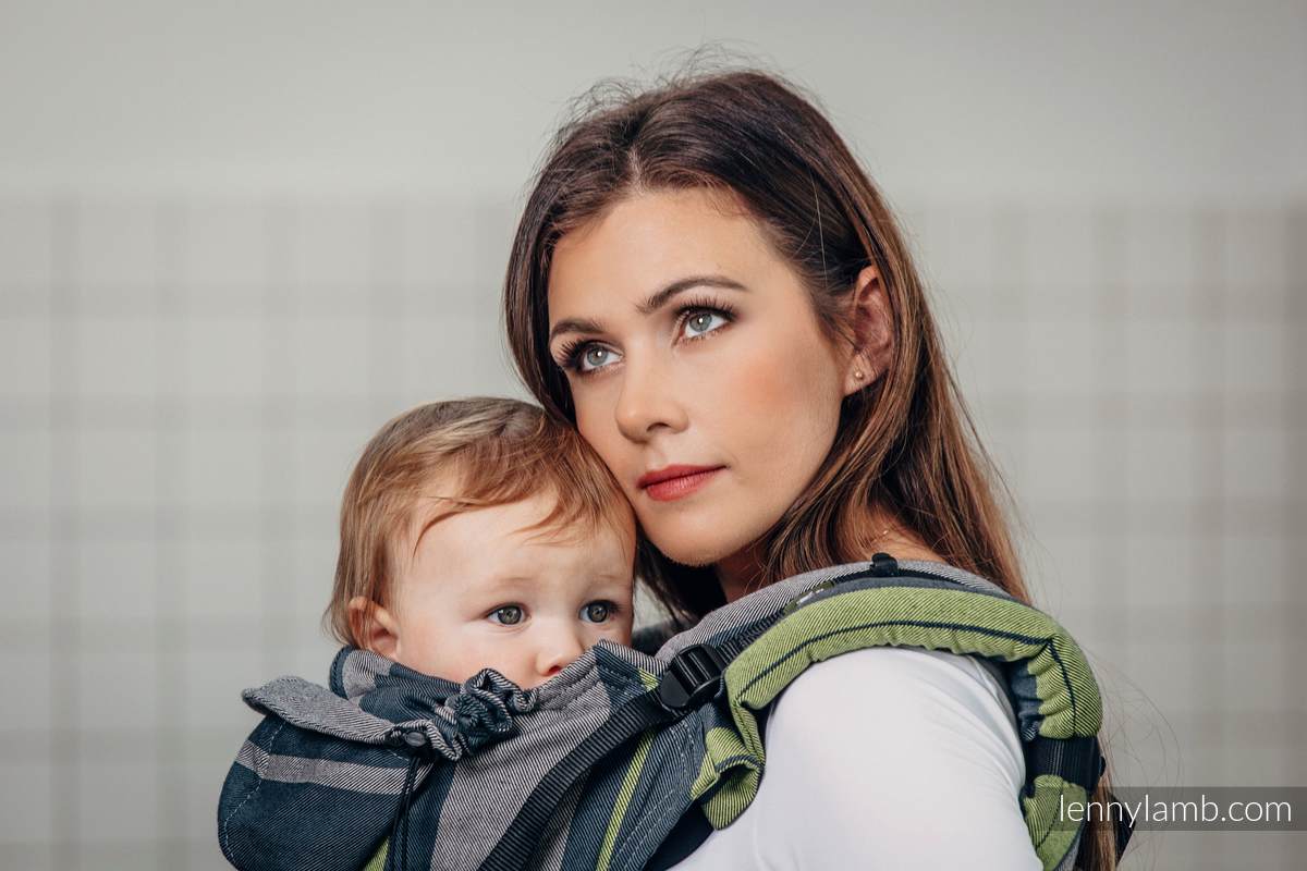 Ergonomic Carrier, Baby Size, broken-twill weave 100% cotton - SMOKY - LIME - Second Generation. #babywearing
