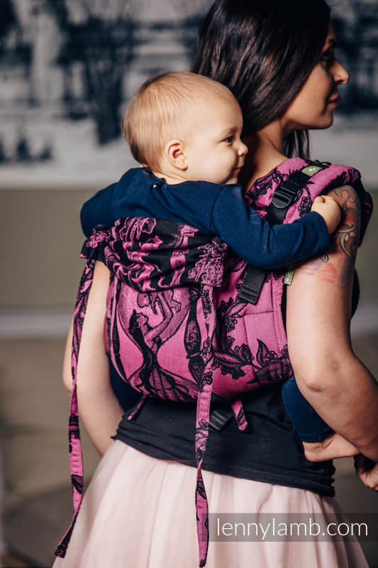 Lenny Buckle Onbuhimo baby carrier, standard size, jacquard weave (100% cotton) - TIME BLACK & PINK (with skull)  #babywearing