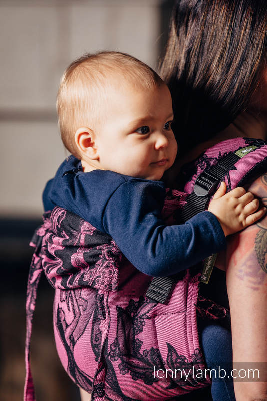 Nosidło Klamrowe ONBUHIMO z tkaniny żakardowej (100% bawełna), rozmiar Toddler - CZAS CZARNY Z RÓŻEM (z czaszką)  #babywearing