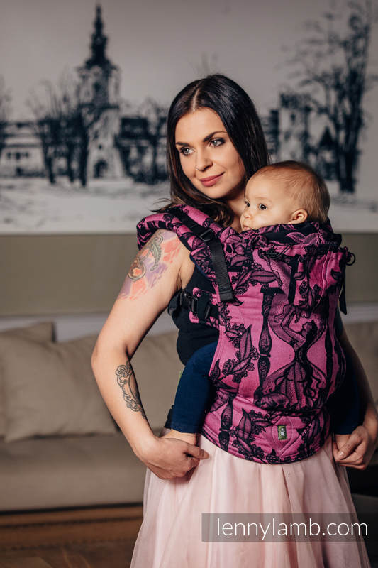 Mochila ergonómica, talla Toddler, jacquard 100% algodón - TIME NEGRO & ROSA (with skull) - Segunda generación #babywearing
