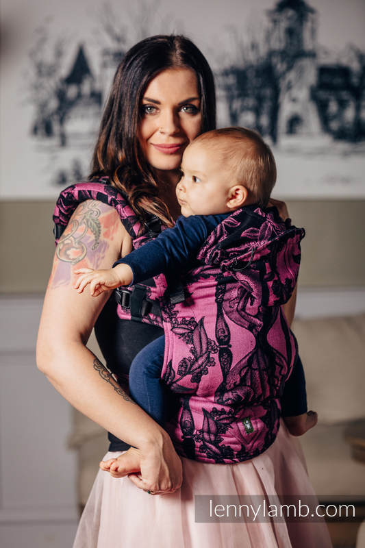 Ergonomic Carrier, Toddler Size, jacquard weave 100% cotton - TIME BLACK & PINK (with skull) - Second Generation #babywearing