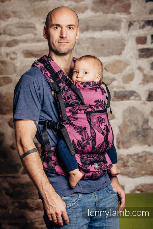 Nosidełko LennyUp z tkaniny żakardowej 100% bawełna , rozmiar standard, CZAS CZARNY Z RÓŻEM (z czaszką)  #babywearing