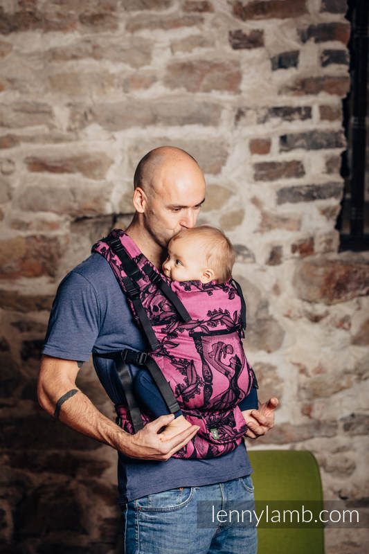 LennyUp Carrier, Standard Size, jacquard weave 100% cotton - TIME BLACK & PINK (with skull)  #babywearing