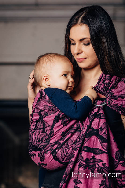 Żakardowa chusta kółkowa do noszenia dzieci, bawełna - CZAS CZARNY Z RÓŻEM (z czaszką)  - long 2.1m #babywearing
