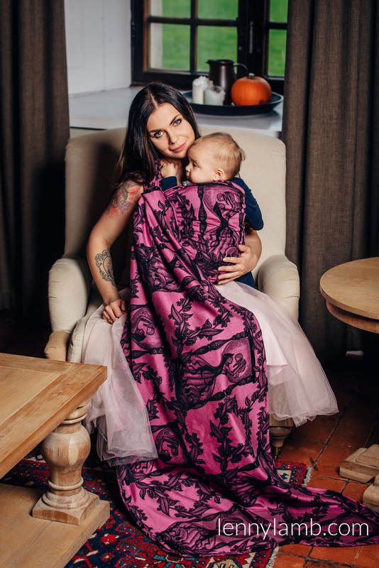 Écharpe, jacquard (100% coton) - TIME NOIR & ROSE (with skull) - taille S #babywearing