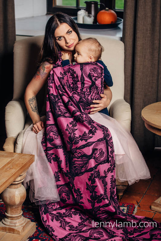 Écharpe, jacquard (100% coton) - TIME NOIR & ROSE (with skull) - taille XS #babywearing