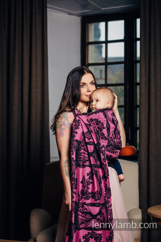 Baby Wrap, Jacquard Weave (100% cotton) - TIME BLACK & PINK (with skull) - size XL #babywearing