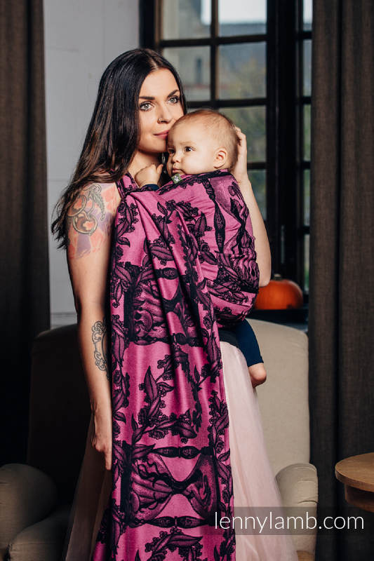 Baby Wrap, Jacquard Weave (100% cotton) - TIME BLACK & PINK (with skull) - size M #babywearing