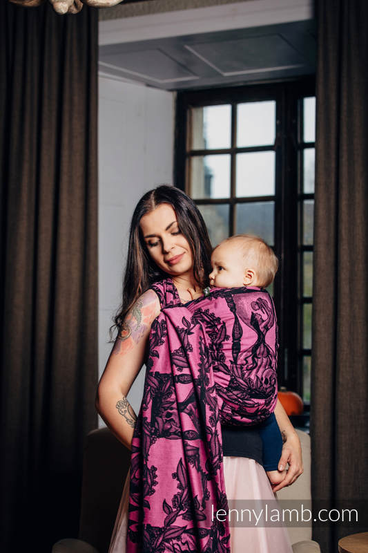 Écharpe, jacquard (100% coton) - TIME NOIR & ROSE (with skull) - taille L #babywearing