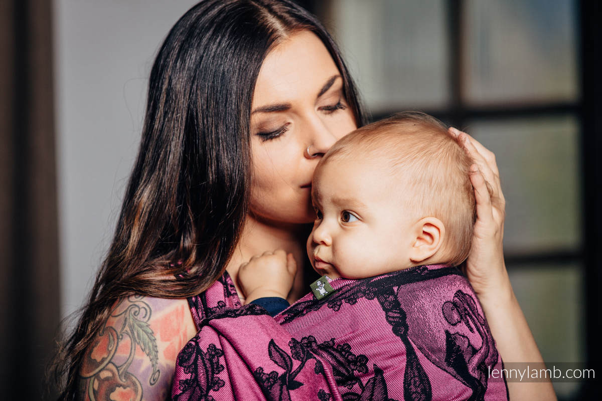 Écharpe, jacquard (100% coton) - TIME NOIR & ROSE (with skull) - taille M #babywearing