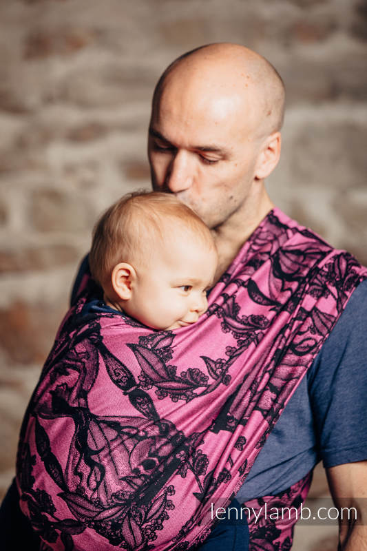Baby Wrap, Jacquard Weave (100% cotton) - TIME BLACK & PINK (with skull) - size L (grade B) #babywearing