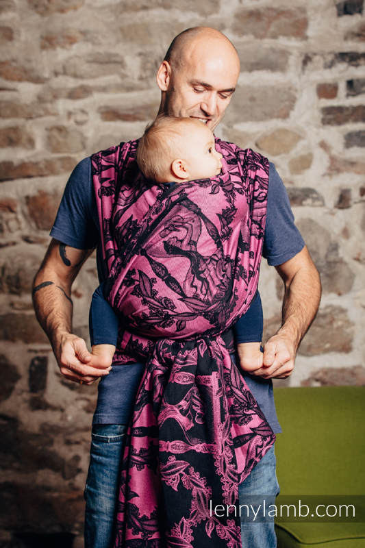 Baby Wrap, Jacquard Weave (100% cotton) - TIME BLACK & PINK (with skull) - size L #babywearing