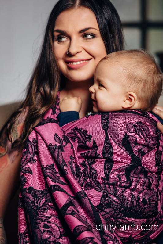 Écharpe, jacquard (100% coton) - TIME NOIR & ROSE (with skull) - taille L #babywearing
