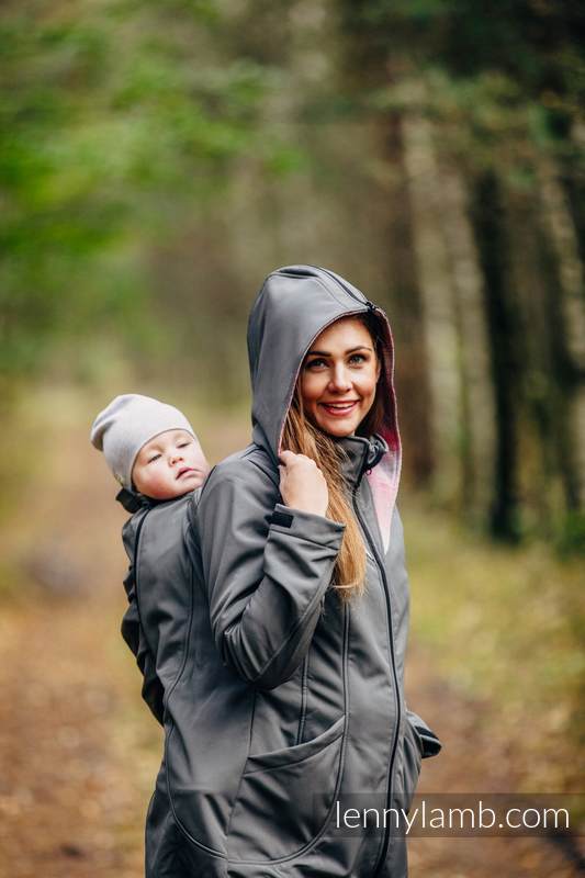 Babywearing Coat - Softshell - Charcoal with Little Herringbone Elegance - size L #babywearing