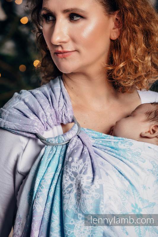 Żakardowa chusta kółkowa do noszenia dzieci, 96% bawełna, 4% przędza metalizowana, ramię bez zakładek - LŚNIĄCA KRÓLOWA ŚNIEGU  - standard 1.8m #babywearing