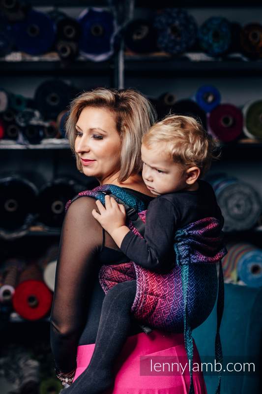 Nosidło Klamrowe ONBUHIMO z tkaniny żakardowej (60% bawełna, 28% wełna merino, 8% jedwab, 4% kaszmir), rozmiar Toddler - BIG LOVE - CZARNY OPAL #babywearing