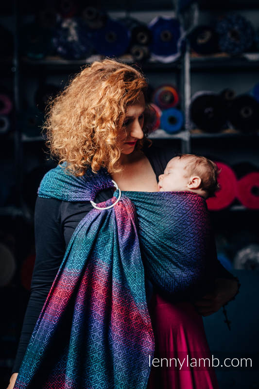 Ringsling, Jacquard Weave (60% cotton, 28% Merino wool, 8% silk, 4% cashmere), with gathered shoulder - BIG LOVE - BLACK OPAL - long 2.1m (grade B) #babywearing