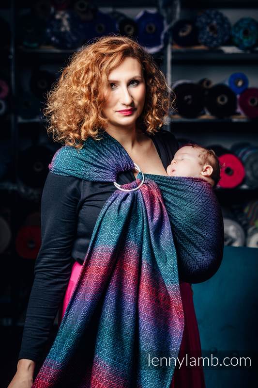 Ringsling, Jacquard Weave (60% cotton, 28% Merino wool, 8% silk, 4% cashmere), with gathered shoulder - BIG LOVE - BLACK OPAL - long 2.1m #babywearing