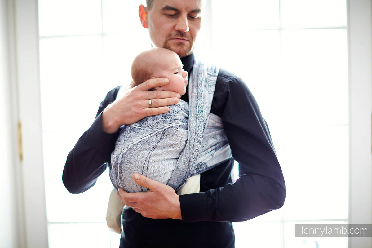 Żakardowa chusta do noszenia dzieci, 100% bawełna - Galeony Granatowy z Ecru - rozmiar M #babywearing