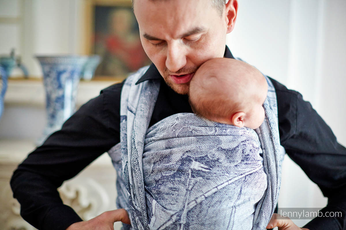 Żakardowa chusta do noszenia dzieci, 100% bawełna - Galeony Granatowy z Ecru - rozmiar M #babywearing
