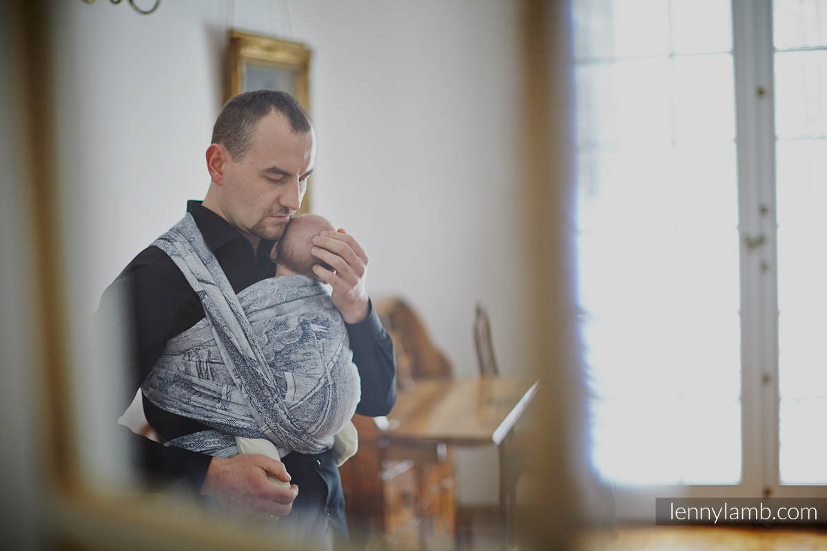 Żakardowa chusta do noszenia dzieci, 100% bawełna - Galeony Granatowy z Ecru - rozmiar M #babywearing