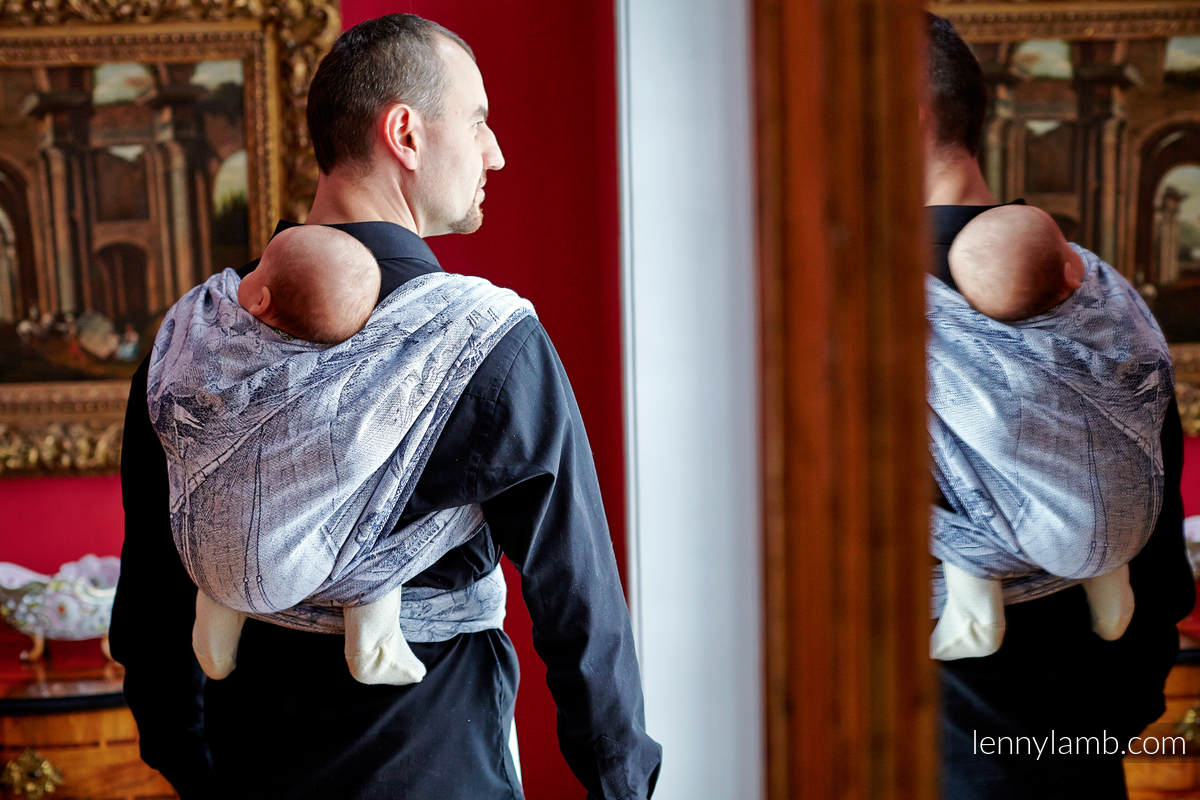 Żakardowa chusta do noszenia dzieci, 100% bawełna - Galeony Granatowy z Ecru - rozmiar M #babywearing
