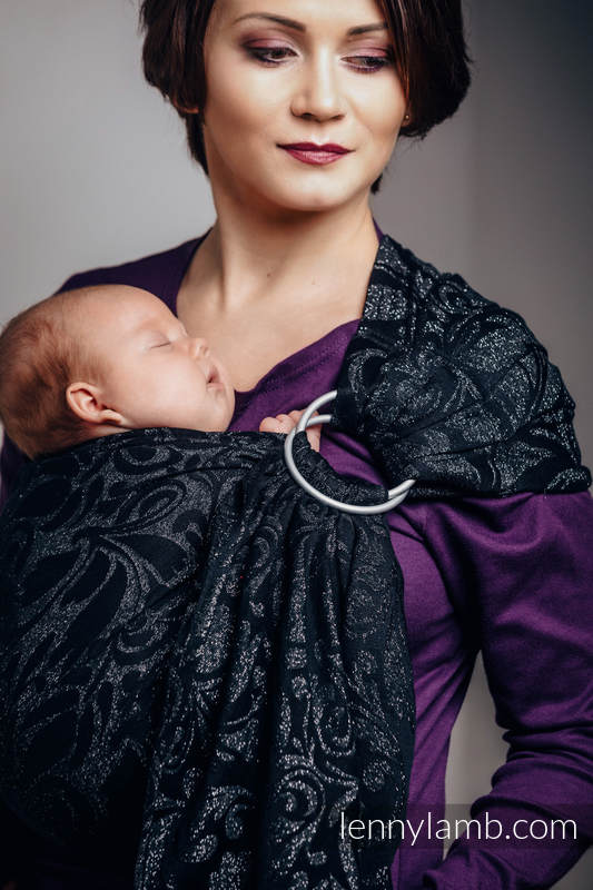 Żakardowa chusta kółkowa do noszenia dzieci, 96% bawełna, 4% przędza metalizowana, ramię bez zakładek - ZAKRĘCONE LIŚCIE - METALICZNY PYŁ - standard 1.8m  #babywearing