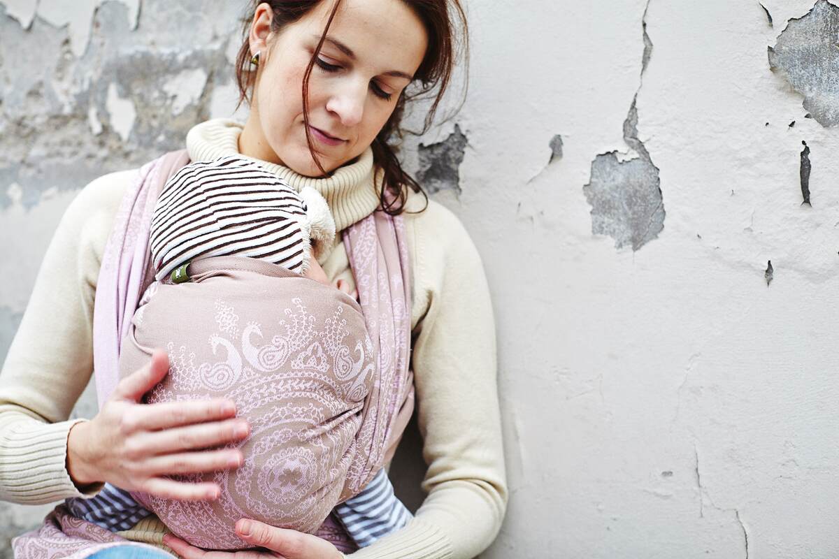 Baby Wrap, Jacquard Weave (100% cotton) - Indian Peacock - Pink&Coffee - size M #babywearing