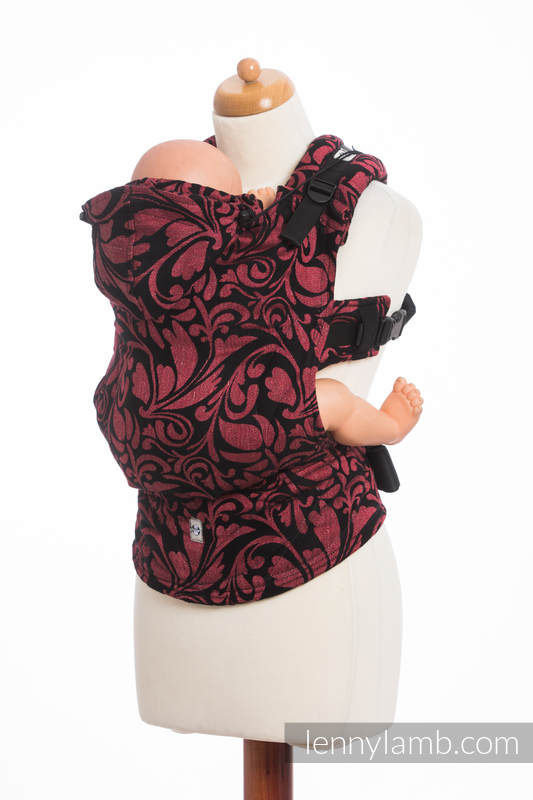 Ergonomic Carrier, Baby Size, jacquard weave 60% cotton 28% linen 12% tussah silk - TWISTED LEAVES - PINCH OF CHILLI, Second Generation #babywearing
