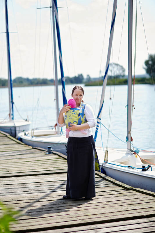 Żakardowa chusta do noszenia dzieci, bawełna - Safari Niebiesko-Żółte - rozmiar M #babywearing