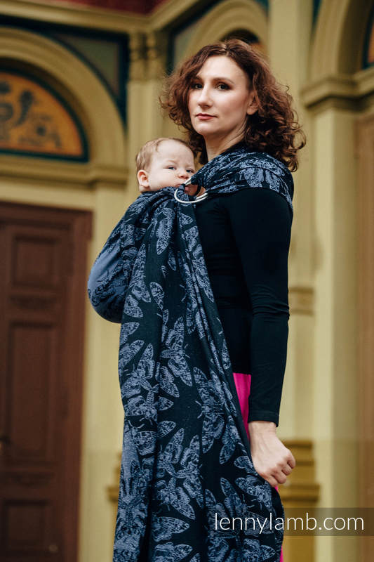 Żakardowa chusta kółkowa do noszenia dzieci, 96% bawełna, 4% przędza metalizowana, ramię bez zakładek - KRÓLOWA NOCY - standard 1.8m #babywearing