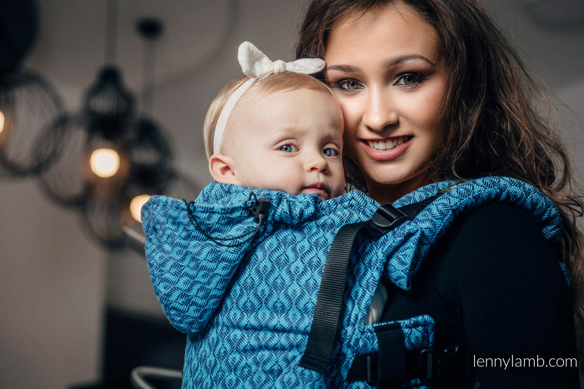 Ergonomic Carrier, Baby Size, jacquard weave 100% cotton - COULTER NAVY BLUE & TURQUOISE - Second Generation #babywearing