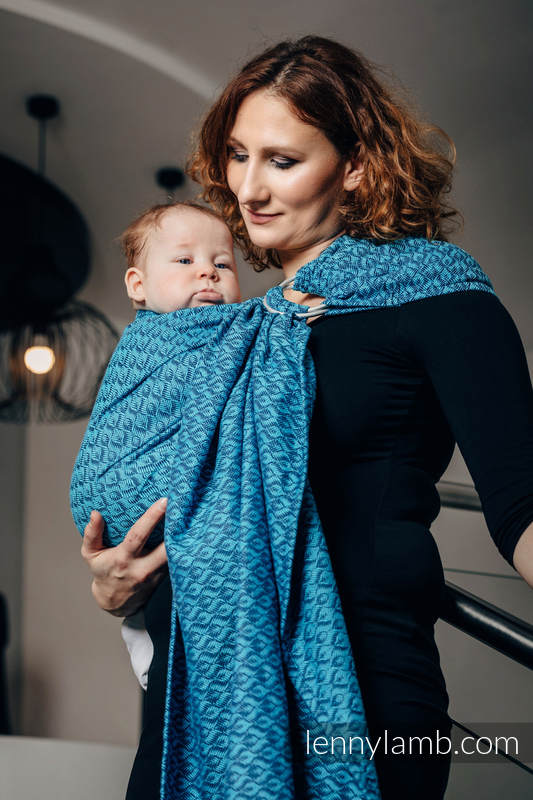 RingSling, Jacquardwebung (100% Baumwolle), Raffung an den Ringen - COULTER DUNKELBLAU & TÜRKIS - long 2.1m #babywearing