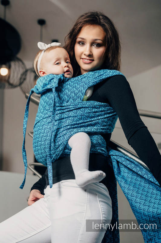 WRAP-TAI mini avec capuche, jacquard/ 100% coton / COULTER BLEU MARINE & TURQUOISE #babywearing