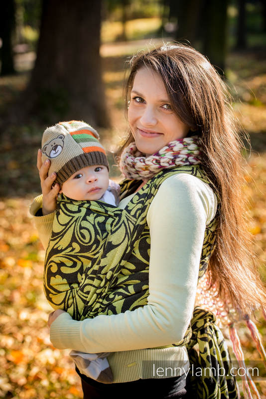 Żakardowa chusta do noszenia dzieci, bawełna - Zakręcone Liście Czarny z Żółtym - rozmiar M #babywearing