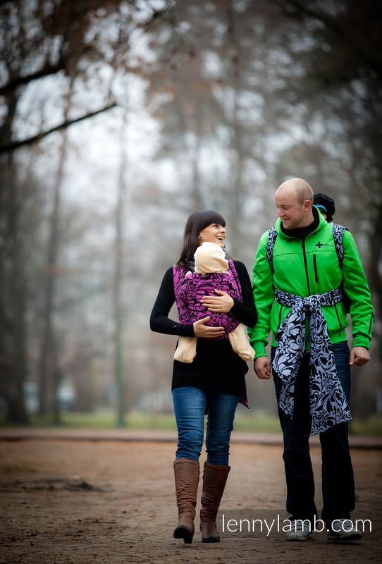 Baby Wrap, Jacquard Weave (100% cotton) - Twisted Leaves Purple & Black - size M #babywearing