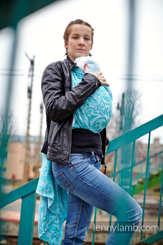 Baby Wrap, Jacquard Weave (100% cotton) - Twisted Leaves Turquoise & White - size M #babywearing
