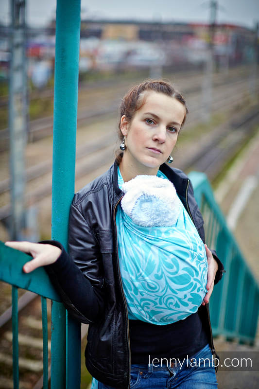 Baby Wrap, Jacquard Weave (100% cotton) - Twisted Leaves Turquoise & White - size M #babywearing