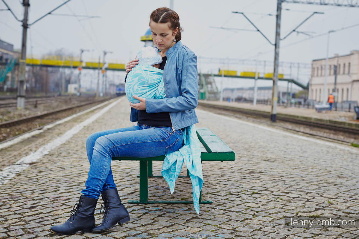 Baby Wrap, Jacquard Weave (100% cotton) - Twisted Leaves Turquoise & White - size M #babywearing