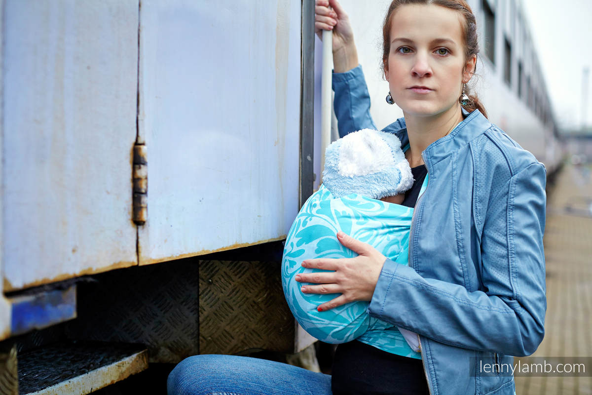 Baby Wrap, Jacquard Weave (100% cotton) - Twisted Leaves Turquoise & White - size M #babywearing