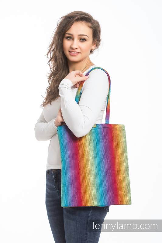 Einkaufstasche, hergestellt vom gewebten Stoff (100% Baumwolle) - LITTLE HERRINGBONE RAINBOW NAVY BLUE #babywearing