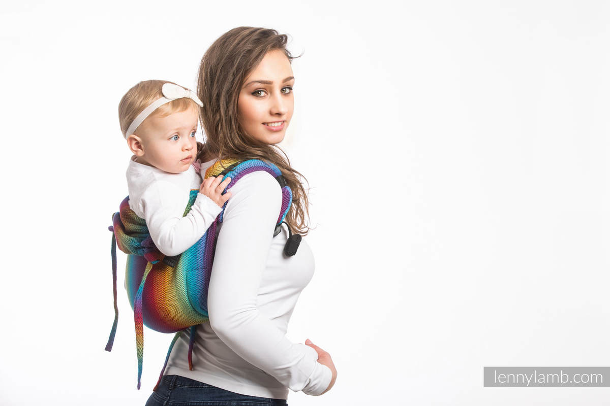 Nosidło Klamrowe ONBUHIMO splot jodełkowy (100% bawełna), rozmiar Standard - MAŁA JODEŁKA TĘCZA GRANAT (drugi gatunek) #babywearing