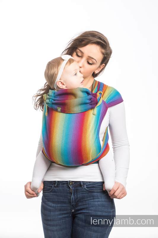 Nosidełko dla dzieci WRAP -TAI TODDLER, bawełna, splot jodełkowy, z kapturkiem, MAŁA JODEŁKA TĘCZA GRANAT #babywearing